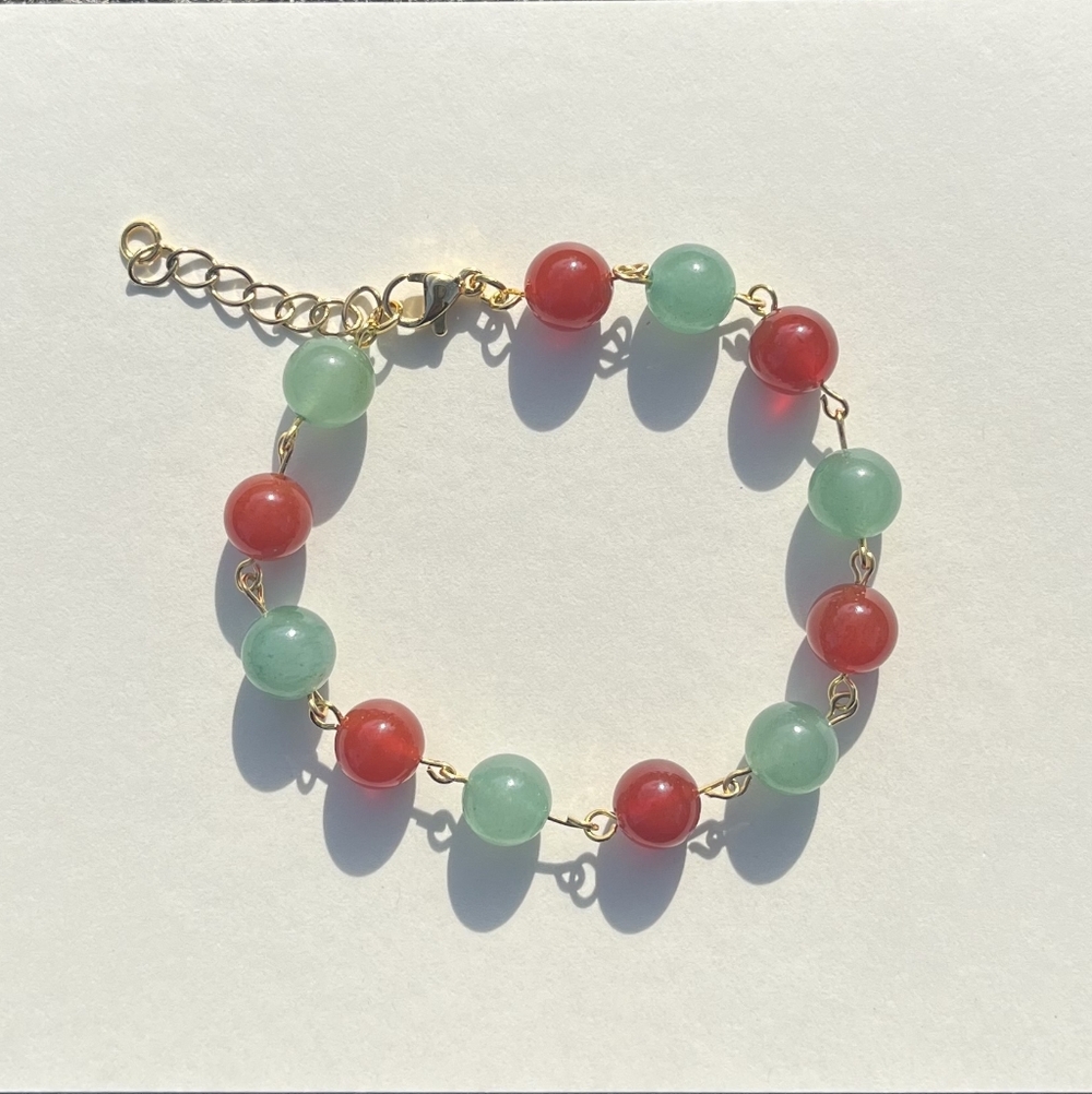 Vibrant Red and Green Beaded Bracelet with Gold Accents